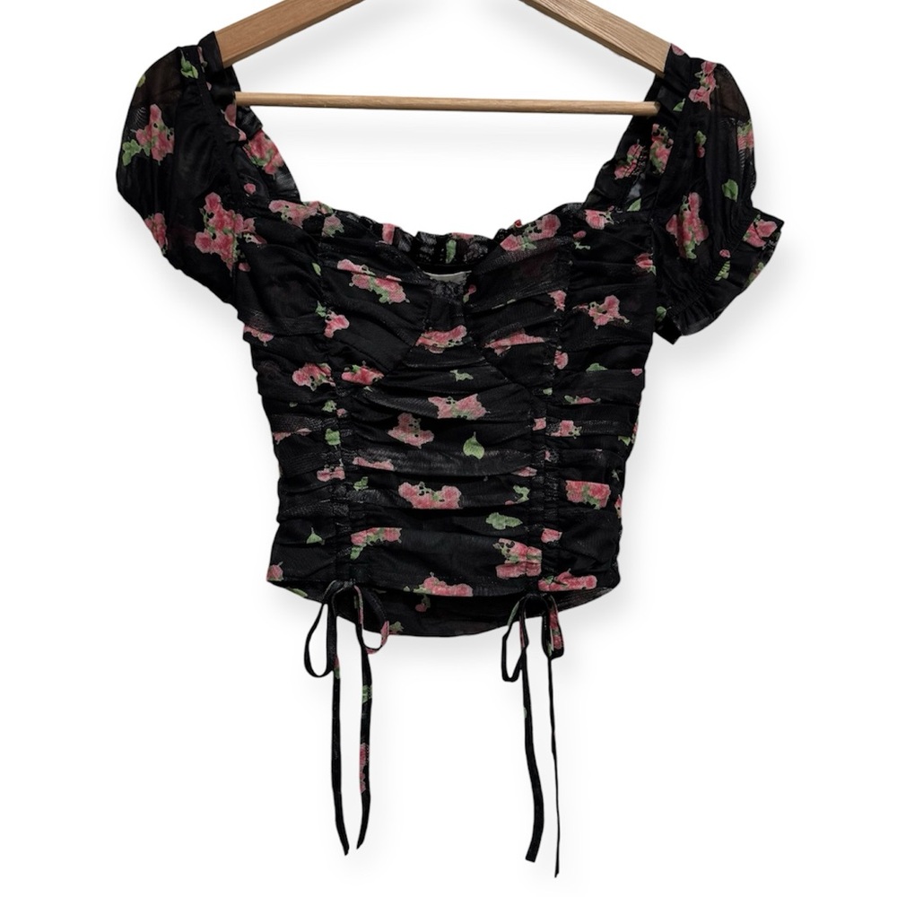 O.Vianca Floral Mesh Sweetheart Neck Ruched Crop Top Women XS Whimsigoth NWT